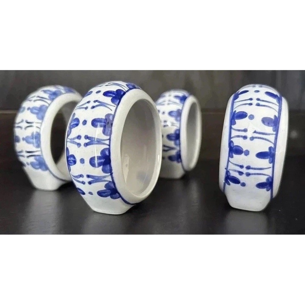 Vtg Porcelain Napkin Rings 4 Philippines Blue & White French Country Cottagecore